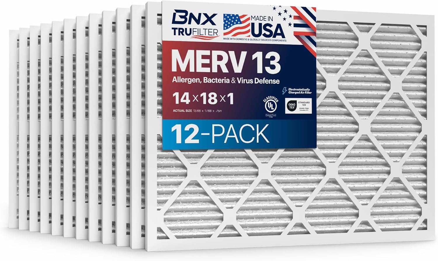 BNX TruFilter 14x18x1 Air Filter MERV 13 (12-Pack) - MADE IN USA - Electrostatic Pleated Air Conditioner HVAC AC Furnace Filters for Allergies, Pollen, Mold, Bacteria, Smoke, Allergen, MPR 1900 FPR 10