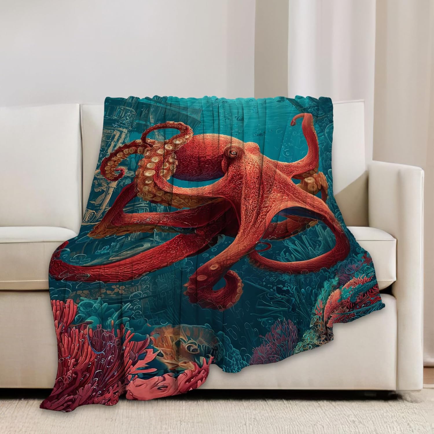 Ocean Octopus Blanket Coral Marine Life Animal Throw Blankets Gifts for Girls Boys Kids Octopus Lover Soft Cozy Fleece Plush for Couch Sofa Bed 60"x50"