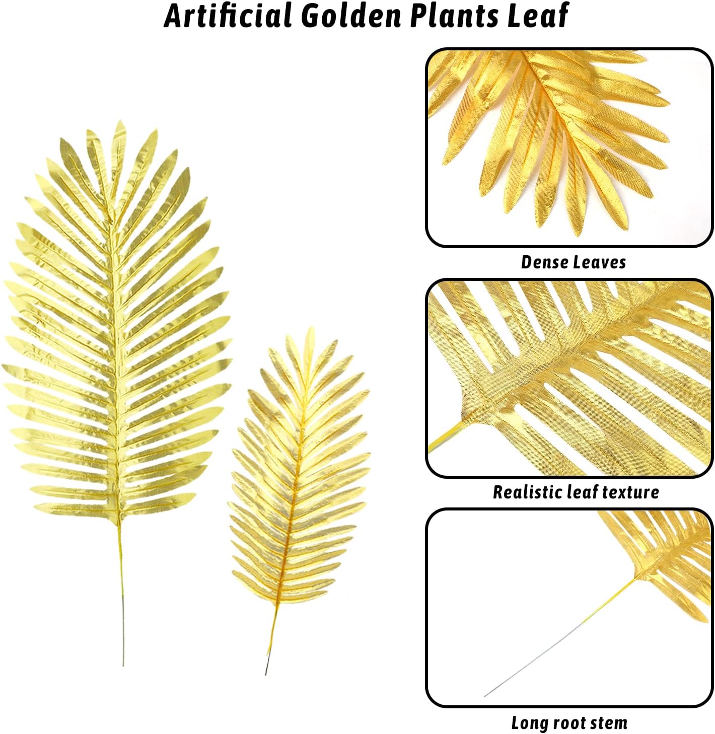 KIMOBER 12PCS Artificial Gold Palm Leaves,Large Golden Faux Tropical Palm Leaves Realistic Ferns Artificial Plants Leaf for Home Hawaiian Luau Party Jungle Beach Decorations