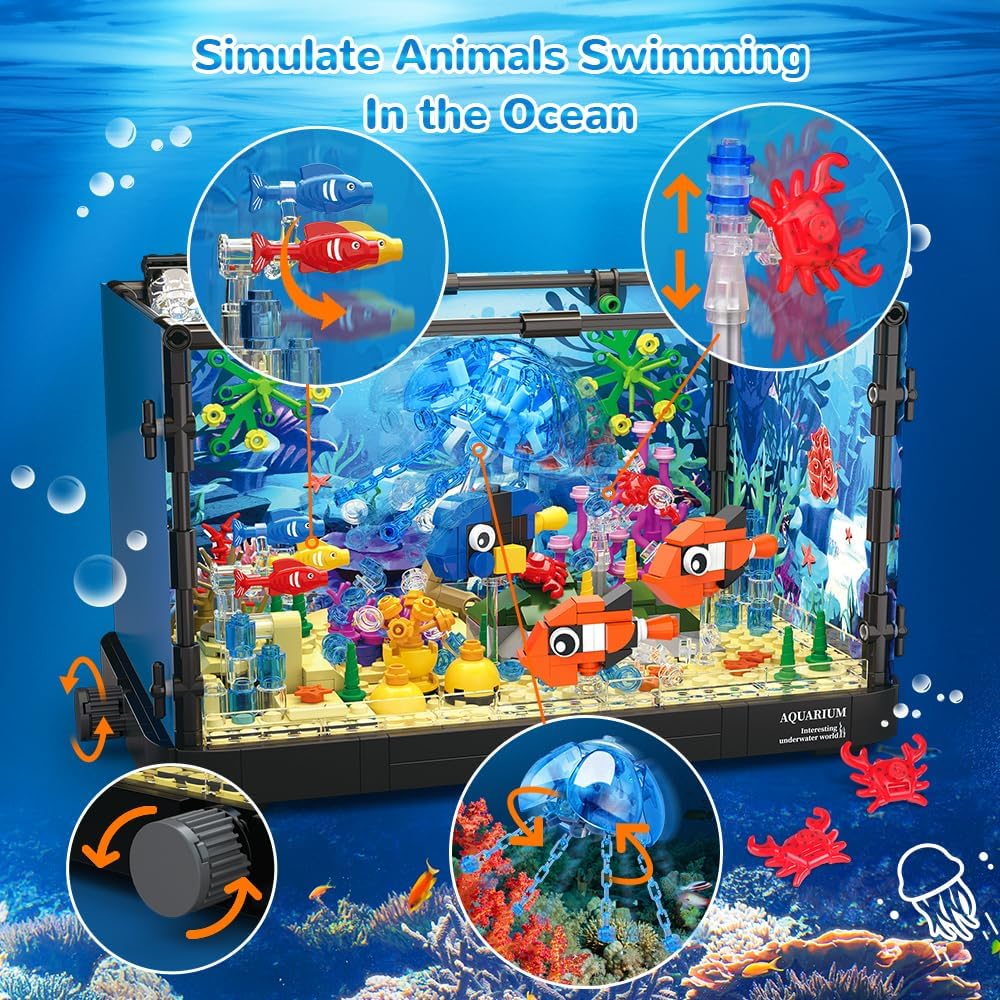 HOGOKIDS Fish Tank Building Set with LED Light - Movable Aquarium Building Toys for Adults Kids | 725PCS Creative Aquarium Toy with Jellyfish, Fish Animal Educational Gift for Boys Girls Age 8-14