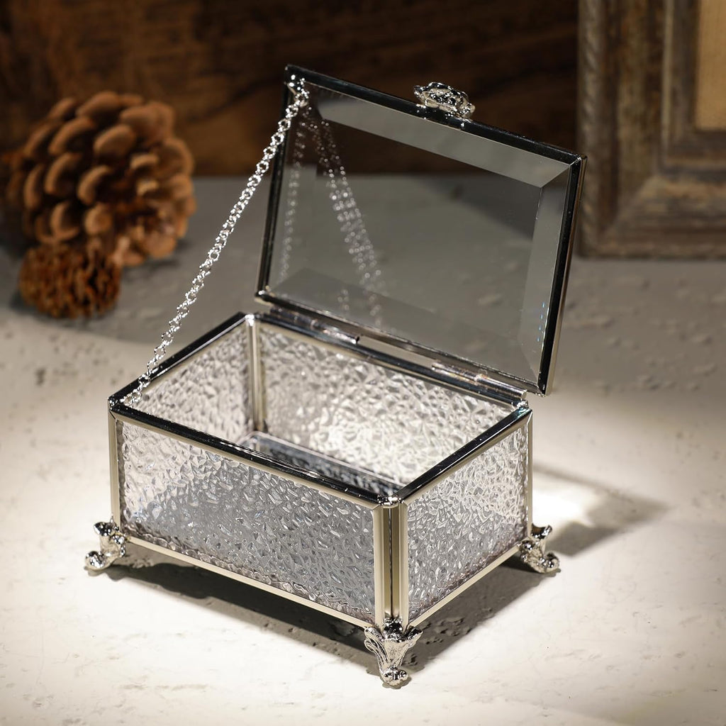 Glass Vintage Jewelry Box Keepsake storage Trinket Ring Display Box Home Decor Embossed Clear Glass Boxes Organizer(3.9x2.7x2.3Inches)