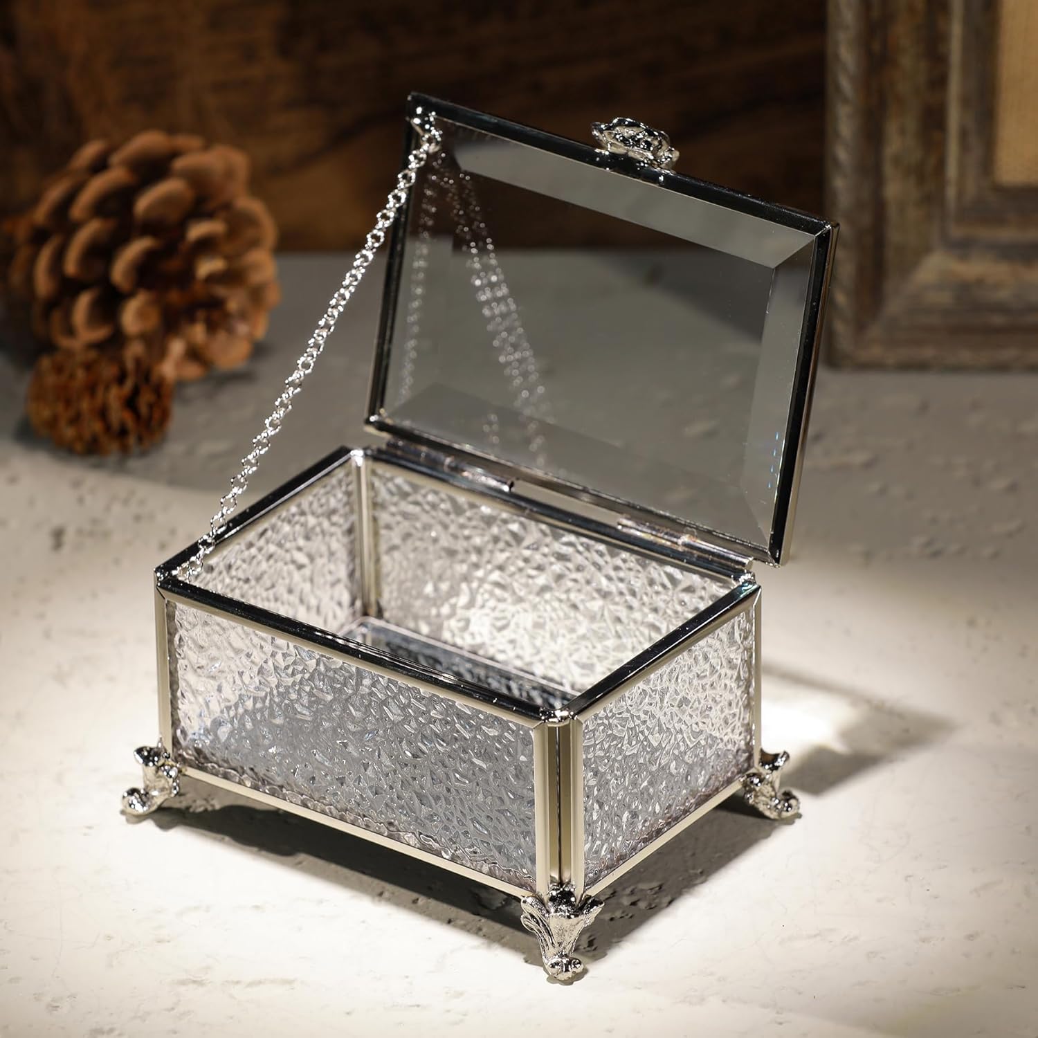 Glass Vintage Jewelry Box Keepsake storage Trinket Ring Display Box Home Decor Embossed Clear Glass Boxes Organizer(3.9x2.7x2.3Inches)