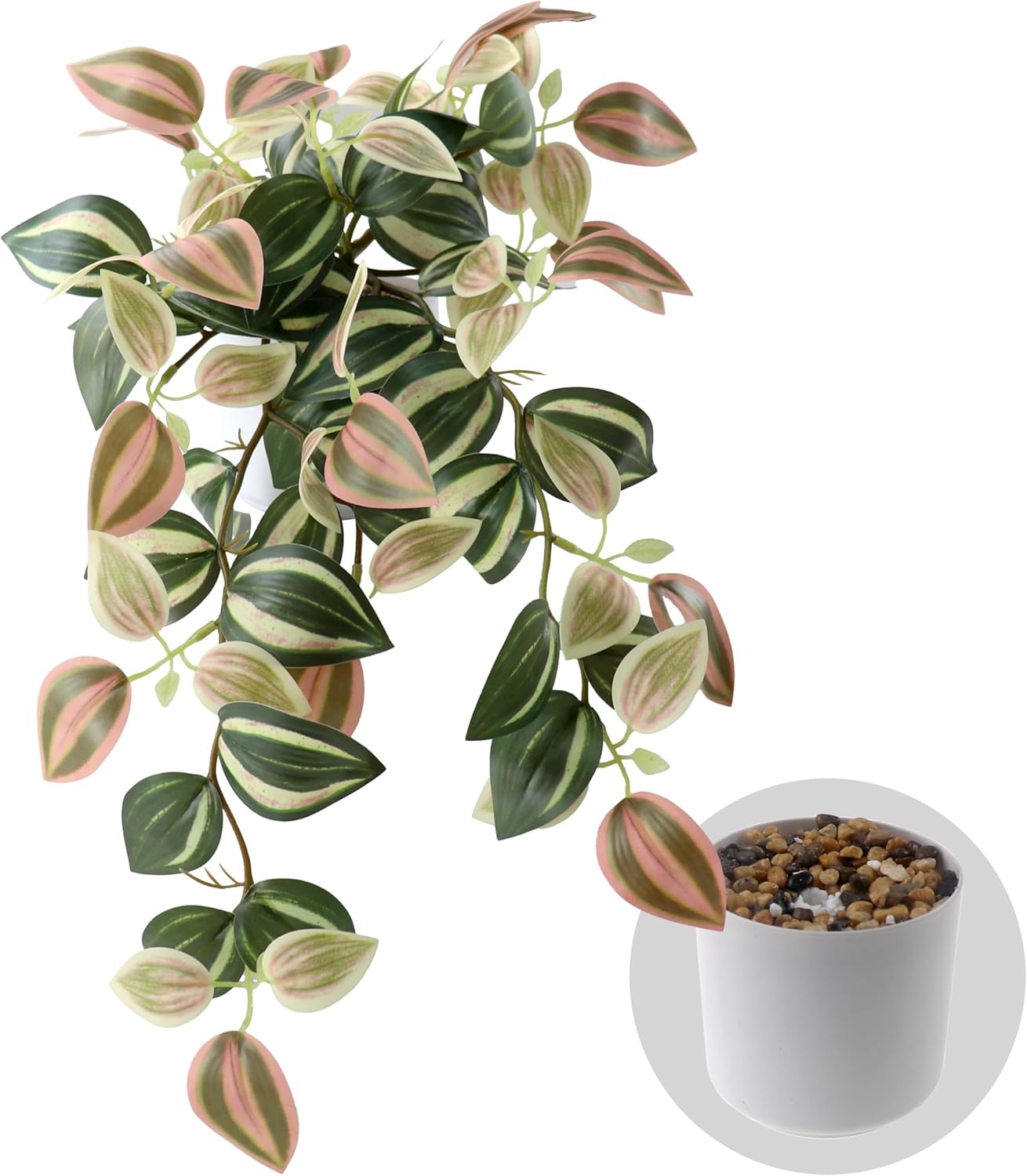 Fake Plants Indoor Artificial Hanging Plants with Pot, Potted Silk Greenery Faux Watermelon Peperomia Ivy Draping Plant for Home Office Desk Living Room Bedroom Wall Shelf Decor (Green, Light Pink)
