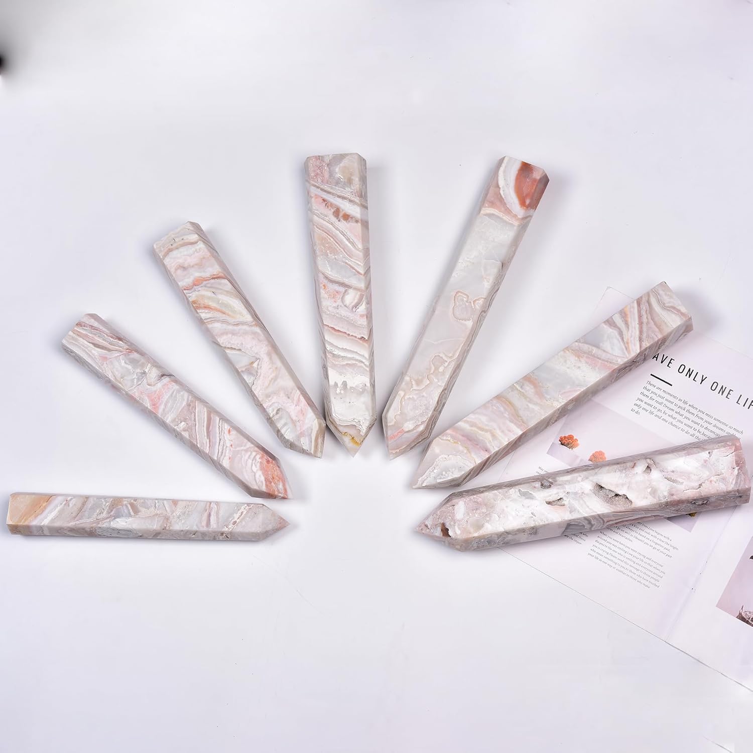 JIC Gem Extra Large Pink Agate Healing Crystal Geode Obelisk Tower Points 6 Faceted Pink Quartz Crystals Tower Wand Home Decor Chakra Meditation 3.5-4.0 Lbs
