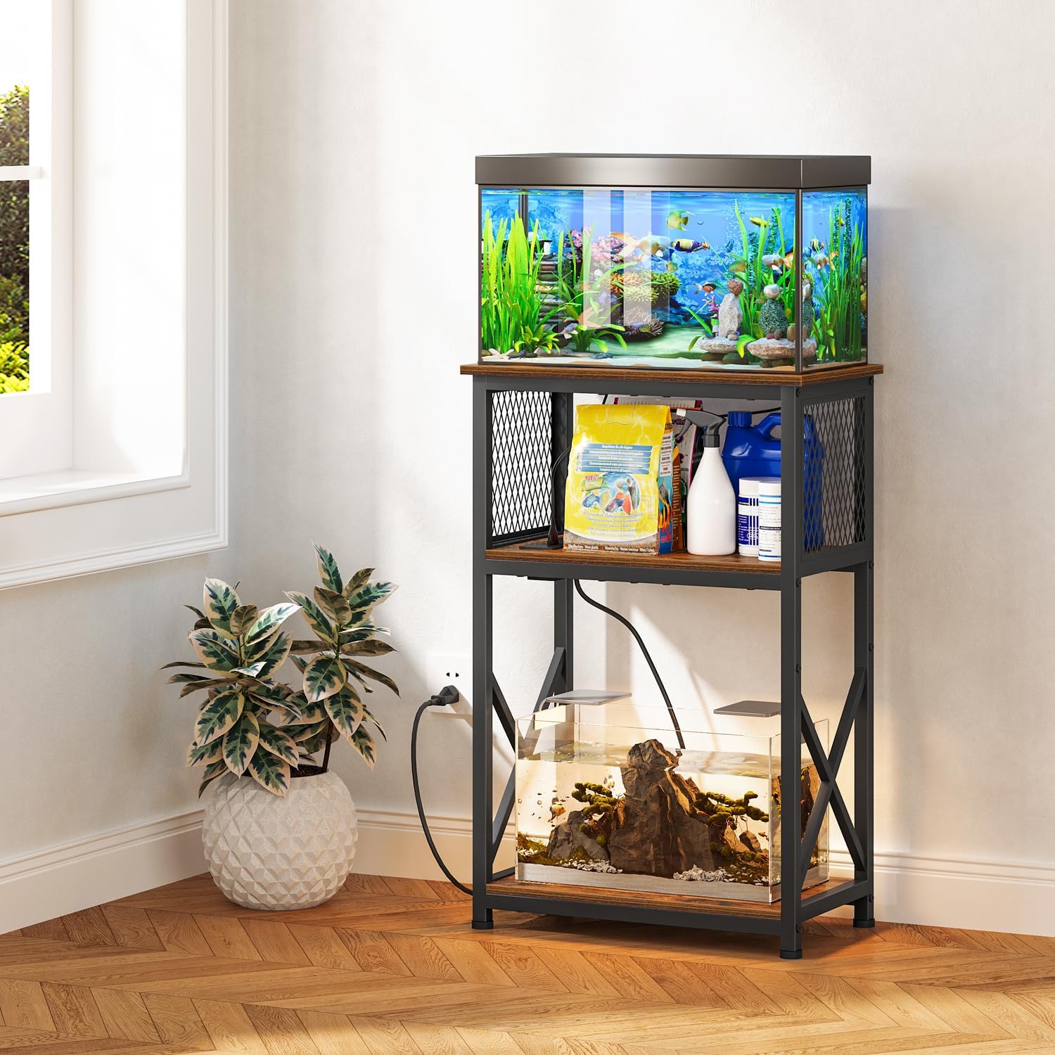 Snughome 10 Gallon Fish Tank Stand with Power Outlets, Aquarium Stand with Storage, 3 Tier Heavy Metal Reptile Tank Stand Fish Tank Shelf 20.47" x 11.42" x 30.91", Rustic Brown