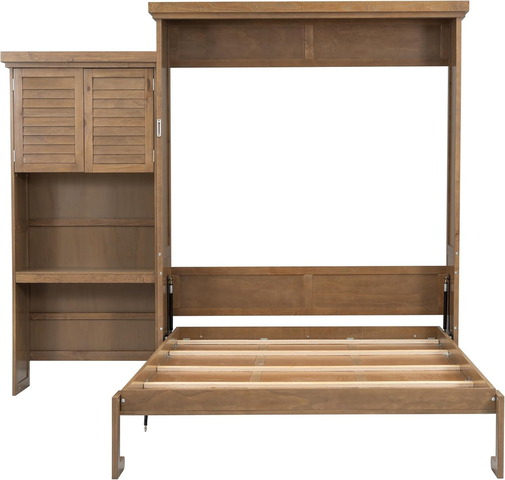 Merax Queen Size Murphy Bed with Multiple Storage Shelves,Wall Bed with Louvered Style Decoration,Wood