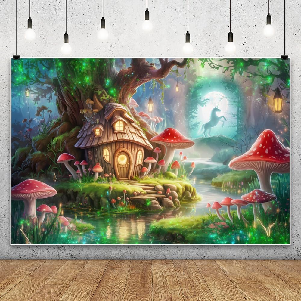 AOFOTO 6x4ft Magic Tree House Photoshoot Backdrop Mushroom Unicorn River Enchanted Forest Photography Background Fairy Tale Wonderland Theme Party Decoration Girls Princess Kids Birthday Banner