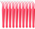 10 Pieces Tweezers for Crafting, Stainless Steel Curved Pointed Tweezers Precision Tweezer with Protective Cover for Eyelash Extensions Stickers Rhinestones Crafts (Rose Red)