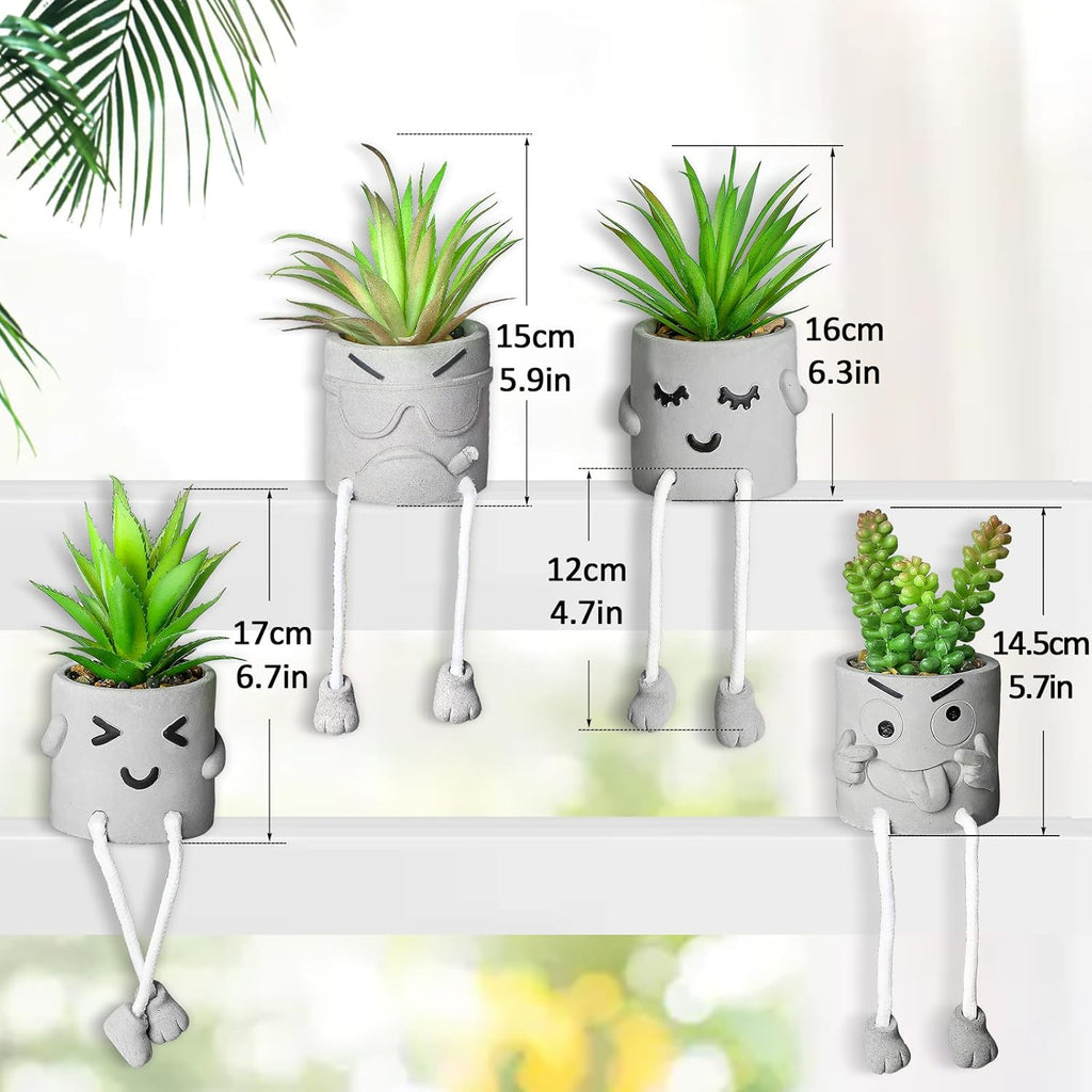 INFTYLE Creative Artificial Succulent Plants in pots - 4 Pieces Mini Fake Plant Faux Succulent Emotional Cement Potted for Home Desk Shelf Kitchen and Office Decor (4 PCS New)
