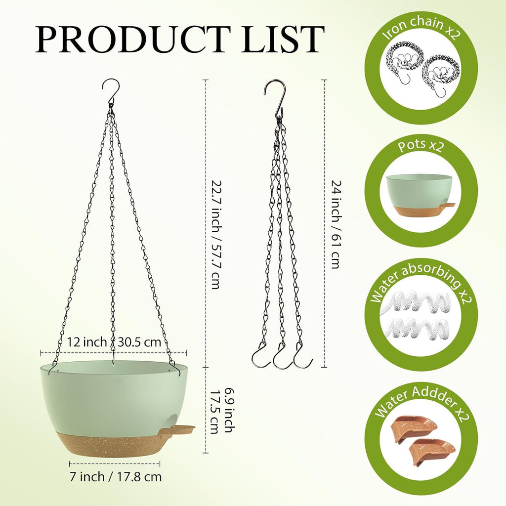 12 Inch Hanging Baskets 2 PC with Chains, Self-Watering Hanging Planters for Indoor Outdoor Plants, Plastic Hanging Flower Pots,Green Brown