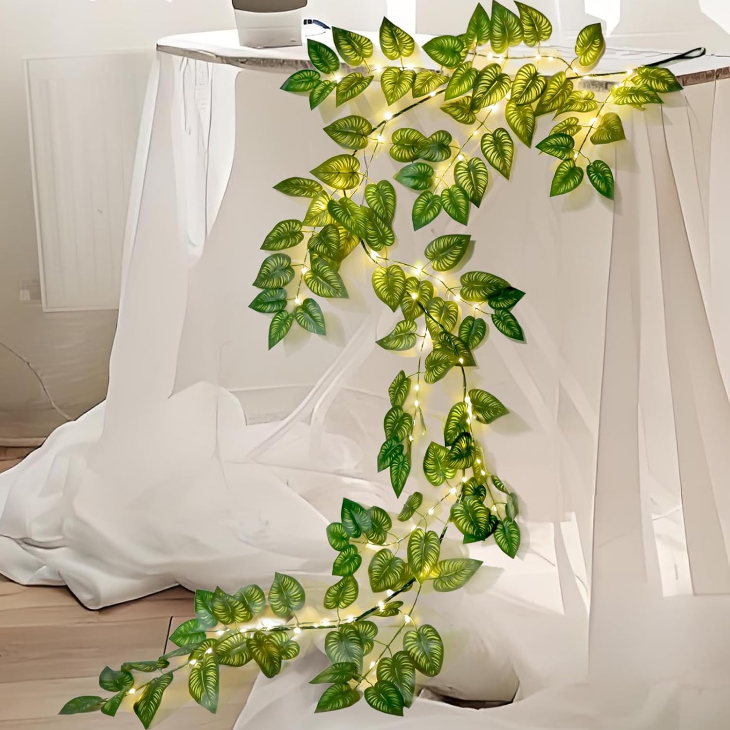 6.56FT Green Vines Garland with Lights 96 LED Battery Operated with Timer Faux Photos Vines Twig with Lights Spring Garlands Decortions for Mantel Fireplace Table Wall Patio Wedding Holiday Home Decor