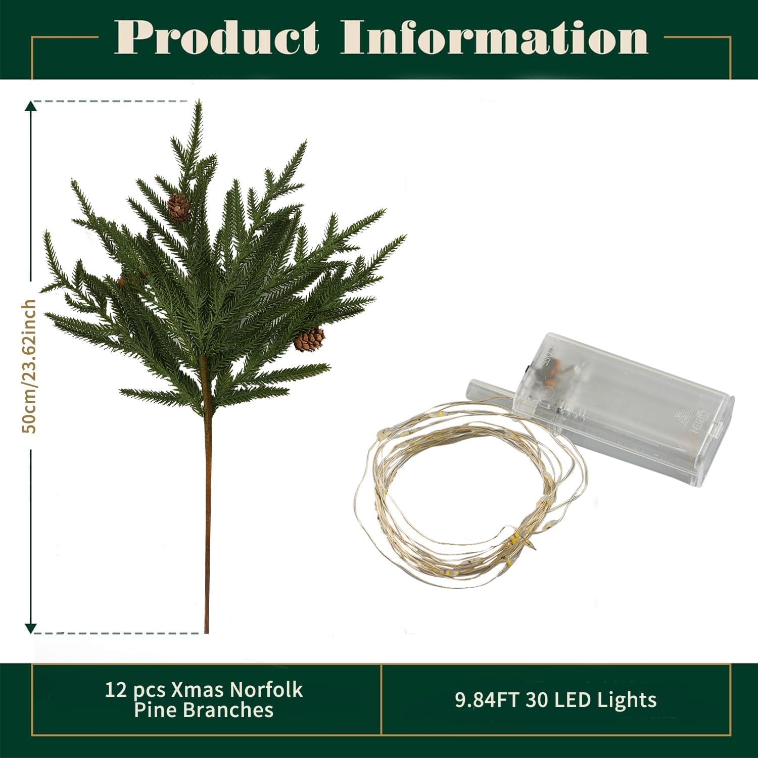 12PCS Christmas Norfolk Pine Branches with Warm Lights ，20" Artificial Christmas Branches Pinecones Norfolk Pine Stems for DIY Crafts Garlands Wreaths Holiday Home Centerpiece Xmas Decor
