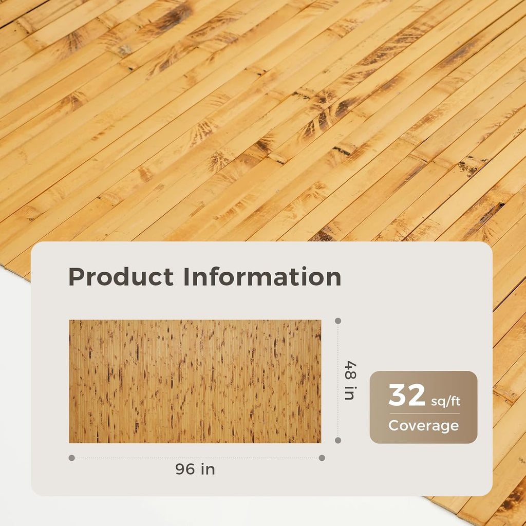 OUZUGIE 1 Pack 96x48 Inch Natural Bamboo Wall Panel – Yellow Burned Pole Wrap Paneling for Walls, Ceilings, Cabinets, Furniture – Ideal for Bedroom, Living Room & Office DIY Decor