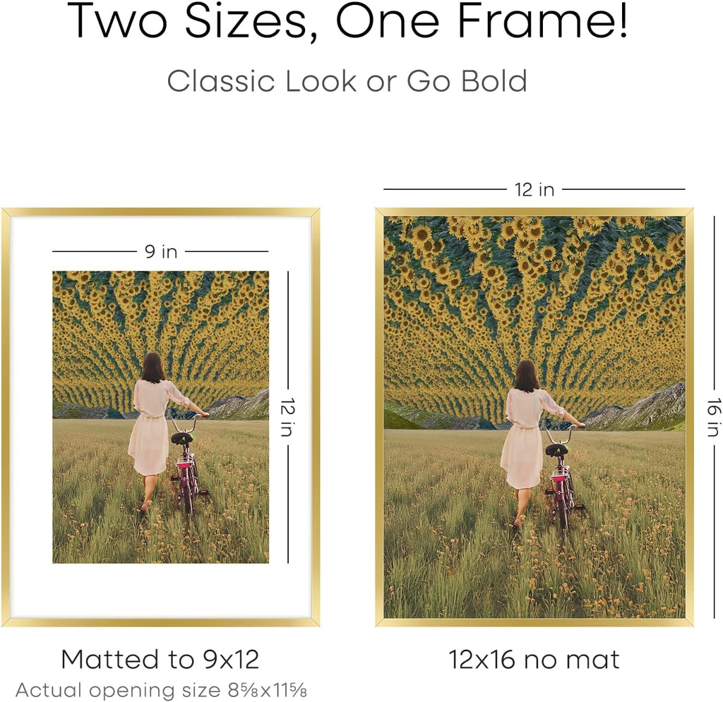 Homeforia 12x16 Picture Frame Gold, High End Metal 12x16 Poster Frames with Mat 9x12 for Photo, 12 x 16 Gold Frame Matted to 9 by 12 Print, 16x12 Thin Hanging Frame, Tempered Glass, Wall Kit, Set of 3