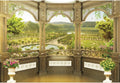 7x5ft Window Scenery Backdrop Golden Vintage Guardrails Mountain Lake Garden Scene Balcony View Photography Background Party Birthday Living Room Decor Photo Props