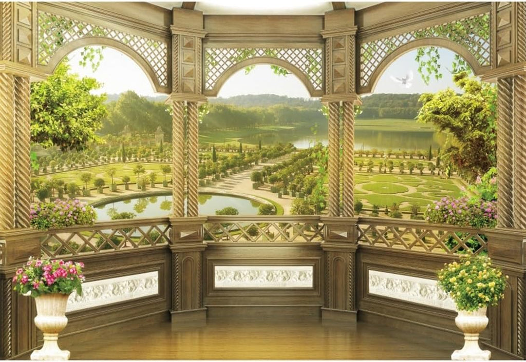 10x6.5ft Window Scenery Backdrop Golden Vintage Fence Green Tree Mountain Lake Nature Park Landscape Photography Background Party Birthday Wedding Bridal Studio Photo Props Polyester