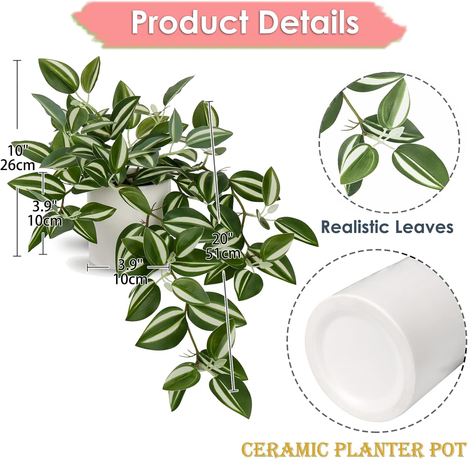 Fake Hanging Plants, 20 Inch Artificial Ivy Plant in Ceramic Pot Faux Vine Potted for Home Bedroom Office Table Shef Desk Indoor Outdoor Decor (Green/White)