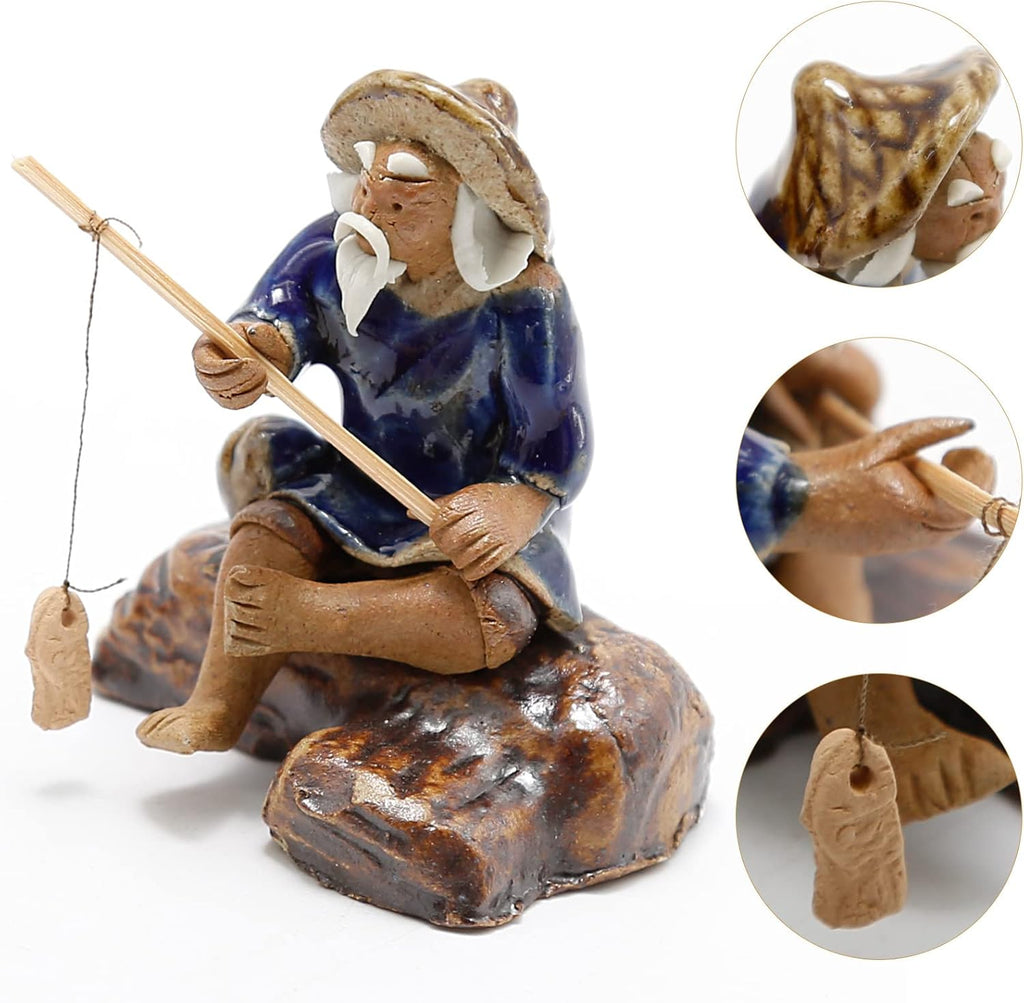 3 PCS Fisherman Statue Fishing Ornament Bonsai Tree Pot Chinese Clay Man Ceramic Fishing Ornament Garden Decoration Fish Tank Bonsai Garden Decoration