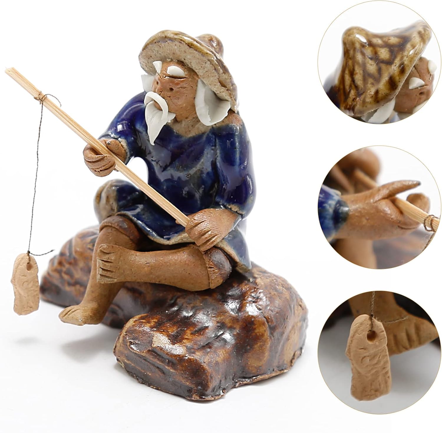 3 PCS Fisherman Statue Fishing Ornament Bonsai Tree Pot Chinese Clay Man Ceramic Fishing Ornament Garden Decoration Fish Tank Bonsai Garden Decoration