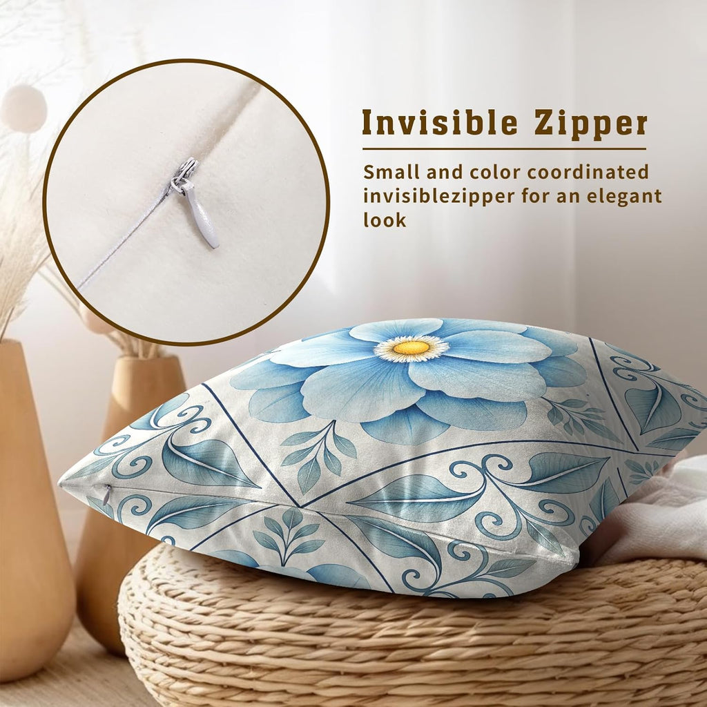 Artisan Blue and White Floral Throw Pillow Covers Set of 2 Ultra-Soft All-Season Pillow Shams with Hidden Zipper,Durable for Sofa Bed Car Decor & Gift 18x18IN