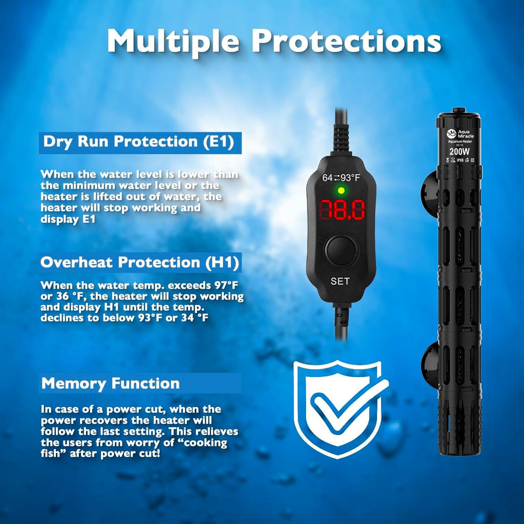 AquaMiracle Aquarium Heater with LED Digital Display Thermostat, Adjustable Fish Tank Heater with Protective Housing, Fish Heaters Turtle Tank Heaters for 20-40 Gallon Tanks(200W)