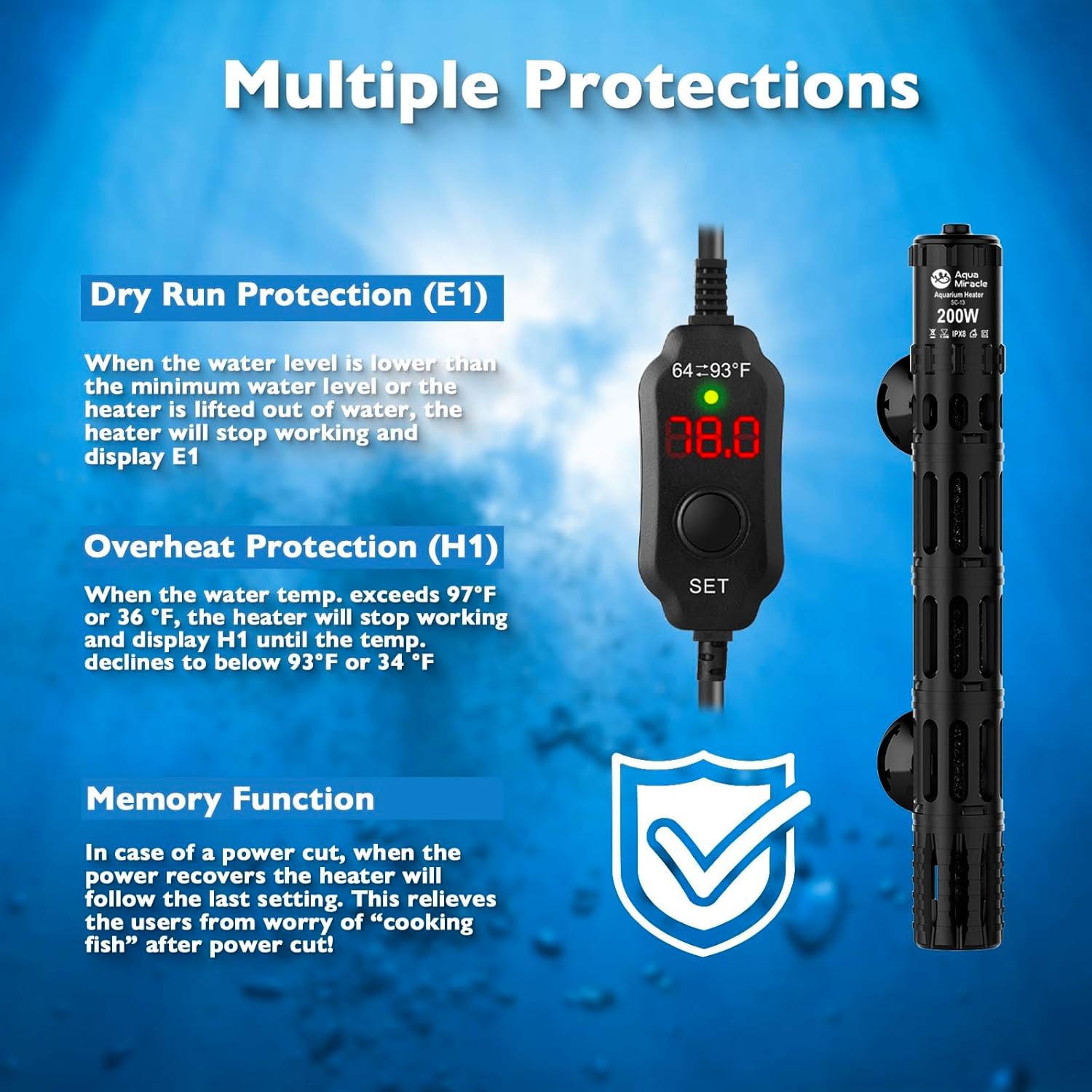 AquaMiracle Aquarium Heater with LED Digital Display Thermostat, Adjustable Fish Tank Heater with Protective Housing, Fish Heaters Turtle Tank Heaters for 20-40 Gallon Tanks(200W)