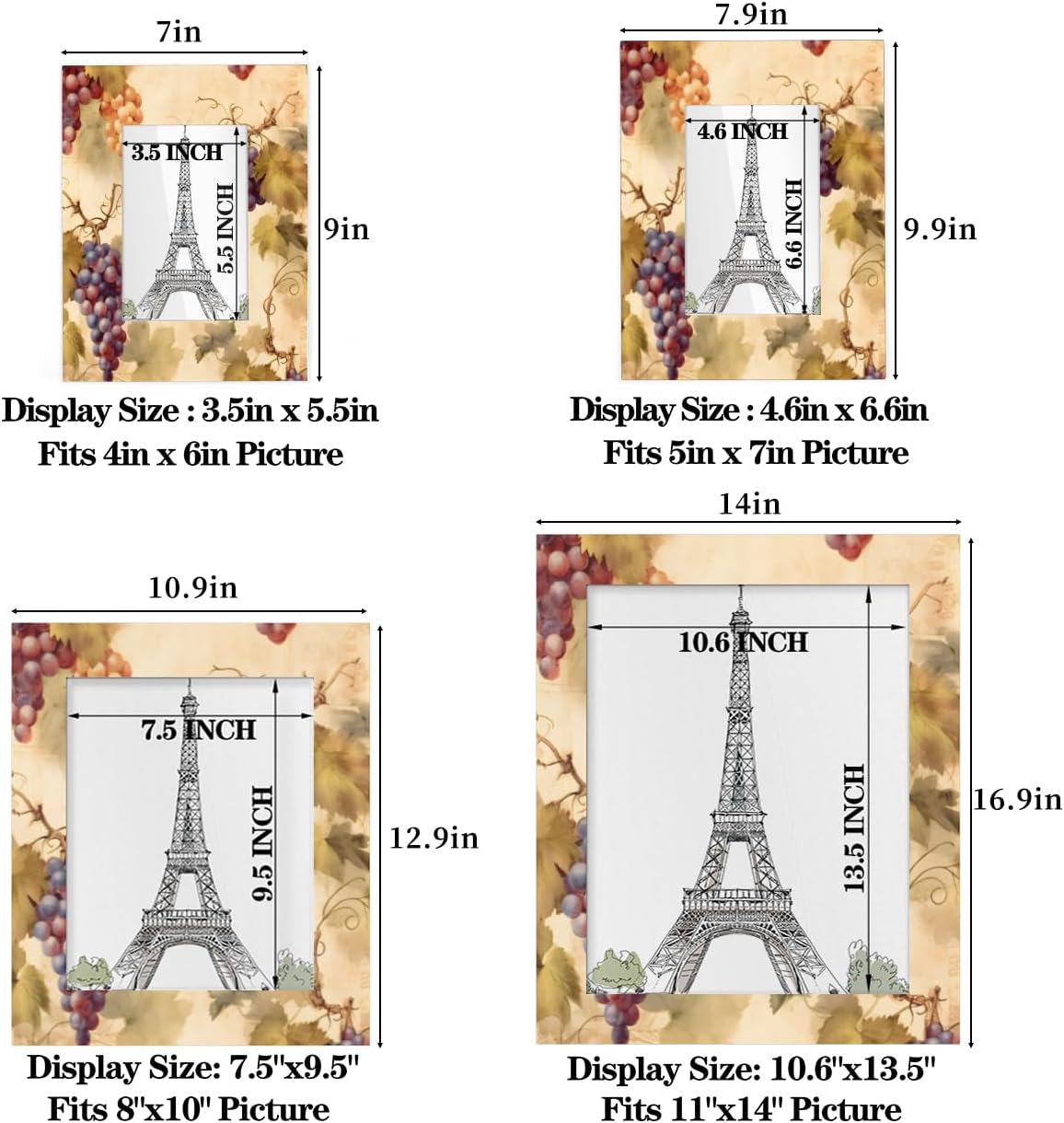 Grapevine Print 11x14 Picture Frame, 11x14 Wood Photo Frame for Wall Hanging or Tabletop Display Decor