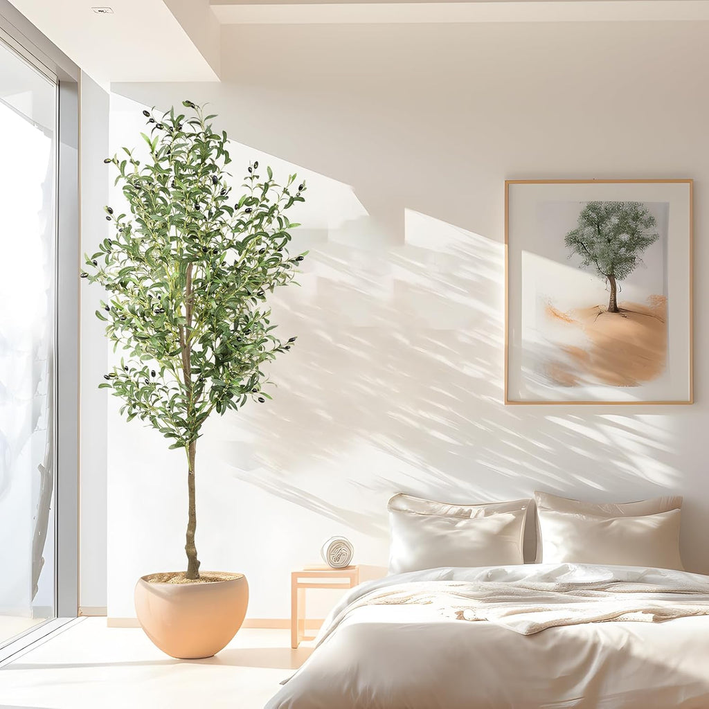 ANTING Artificial Olive Tree, 7FT Faux Olive Tree with Pot, 84in Faux Plants Indoor with Realistic Trunk, 1656 Leaves and 92 Fruits for Home Office Decor Outdoor 1Pack
