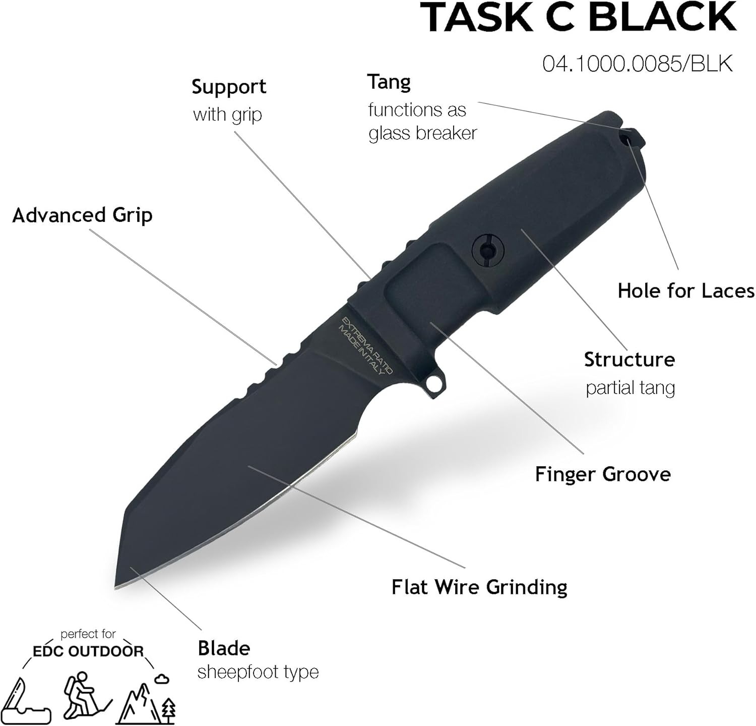 Extrema Ratio - Task C (Black) Fixed Blade Knife, Böhler N690 Steel Blade Hardened to 58 HRC, Burnished Finish, Full-Tang Design, Ergonomic Forprene Handle, Compact and Versatile, Precision Handcrafted in Italy, Reliable Outdoor Knife