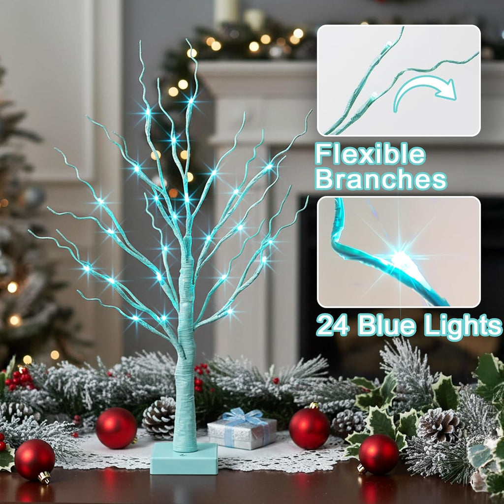 PEIDUO Blue-Green Trees Decor for Home, 2PK Tree Light Battery Powered Timer, Lighted Christmas Decorations Indoor, for Home Bedroom Living Room Fireplace Wedding Party New Year's Day and Christmas