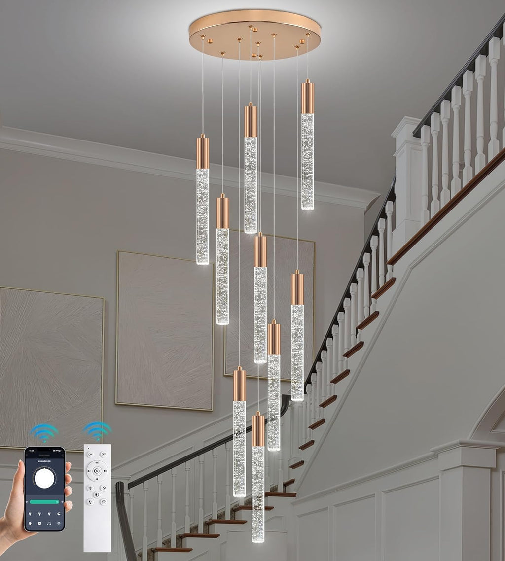 Modern High Ceiling Crystal Chandelier 9-Lights, Gold Spiral LED Raindrop Foyer Pendant Lighting, Bubble Staircase Living Room Hanging Light Fixture Flush Mount