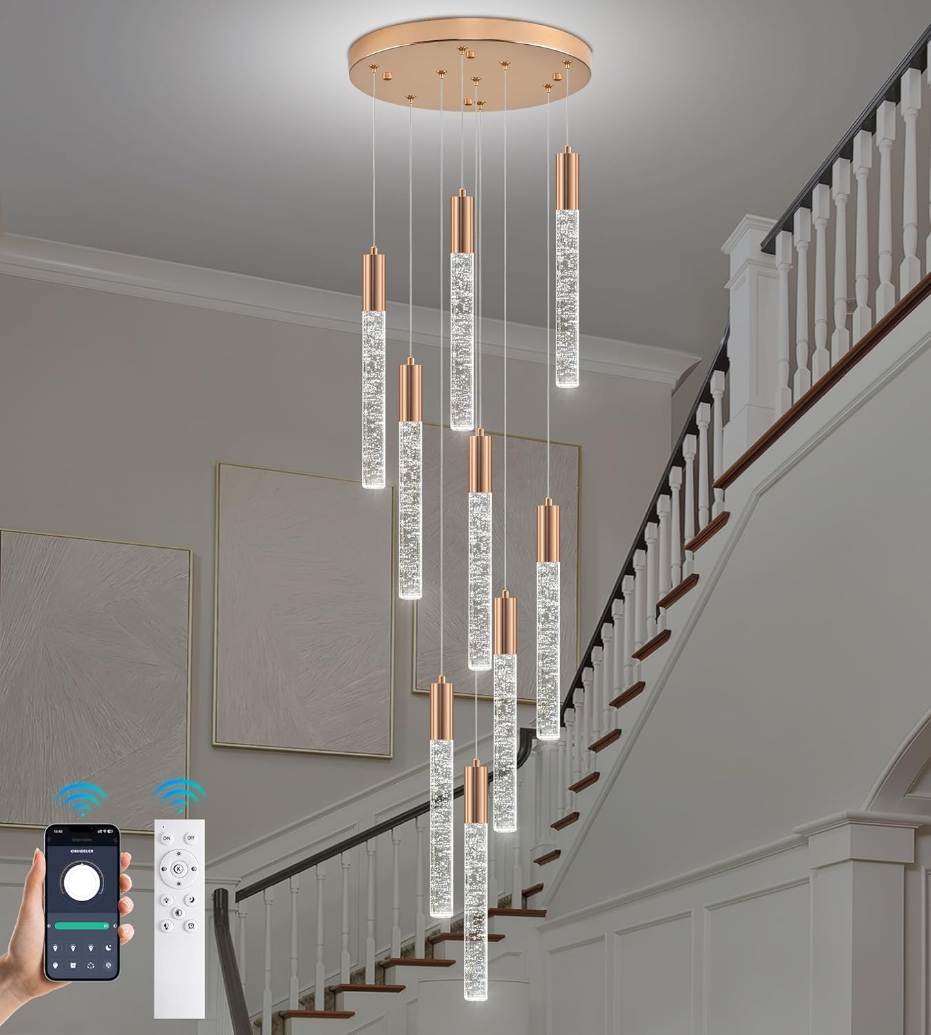 Modern High Ceiling Crystal Chandelier 9-Lights, Gold Spiral LED Raindrop Foyer Pendant Lighting, Bubble Staircase Living Room Hanging Light Fixture Flush Mount
