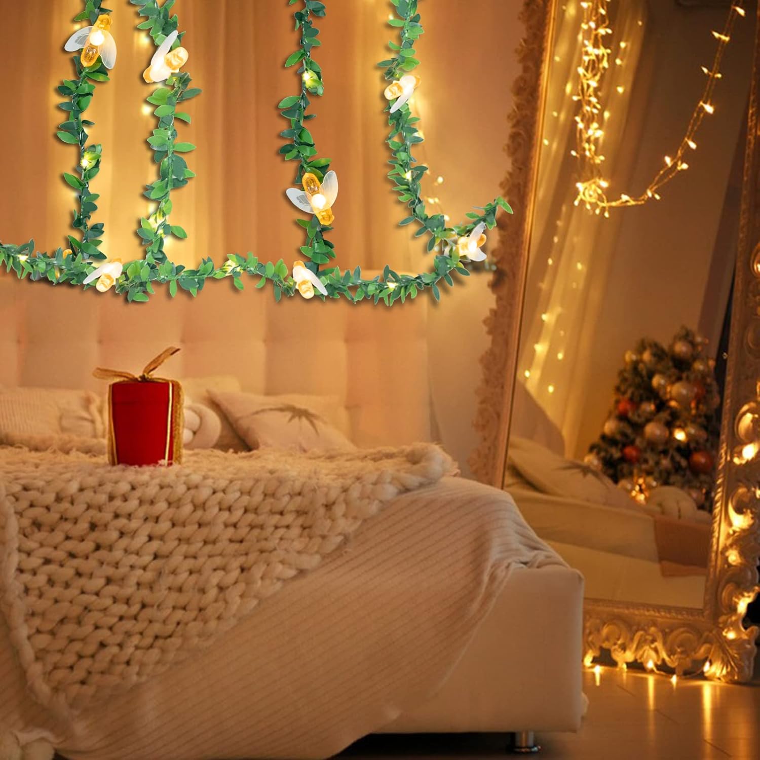 Vigdur 2 Packs Vine Lights - Tiny Leaf Ivy String Lights with 48 Bee Lights Battery Powered Waterproof Fairy Light Indoor Outdoor for Bedroom Party Garden Wall Décor St. Patrick's Day