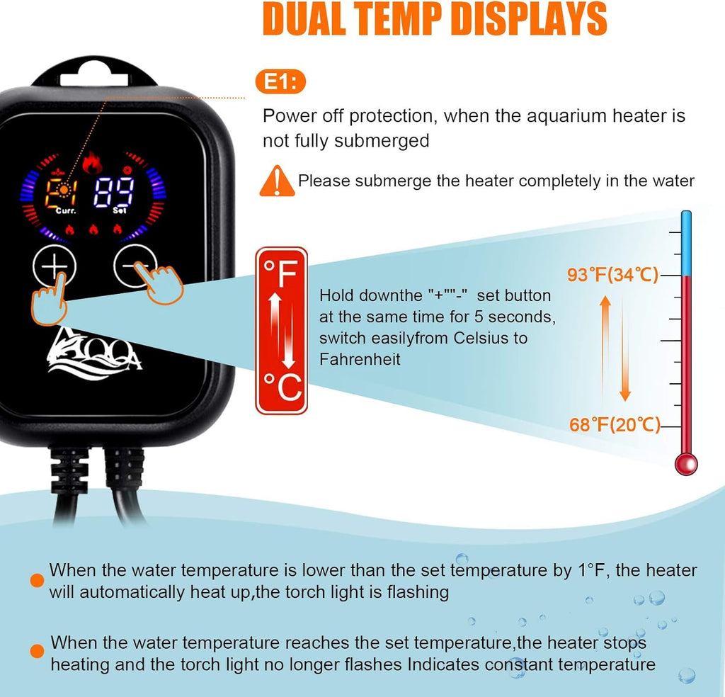 AQQA Aquarium Heater 800W for 80-220 Gallon Fish Tank Heater Submersible Betta Fish Heater for Aquarium Thermostat Heater for Freshwater and Saltwater (800W for 80-220 Gal)