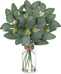 Hollyone 16.1" Artificial Eucalyptus Stems with Glass Vase with Faux Water Fake Plant Eucalyptus in Vase for Home Decor Greenery Plants Wedding Bathroom Office Table Centerpiece Shelf Decorations