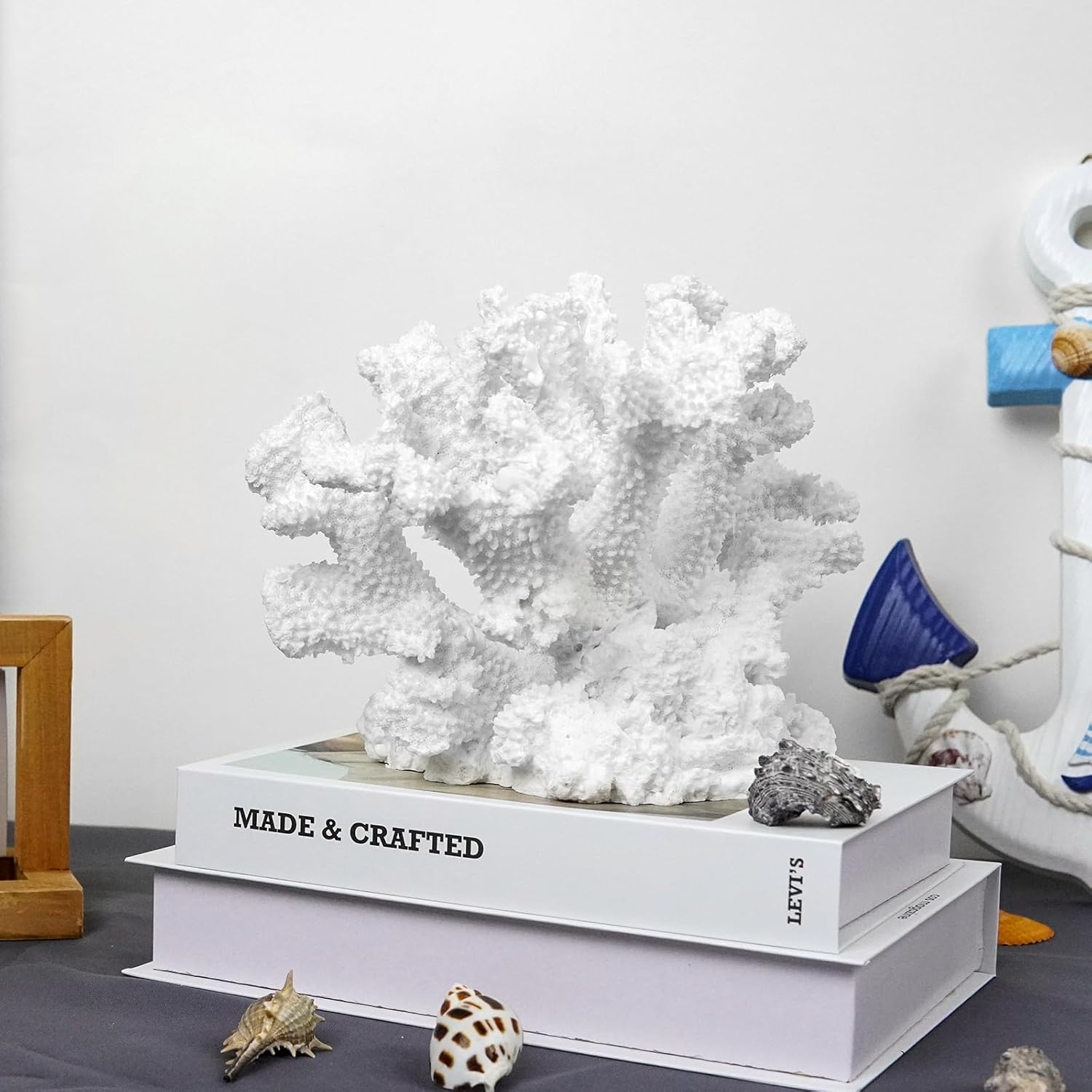 Coral Beach Decor, 7'' High x 8.6'' Width Artificial Resin Coral Reef Statue for Ocean Coastal Beach Nautical Themed Room Bathroom Decor for Home,RB1005W,White