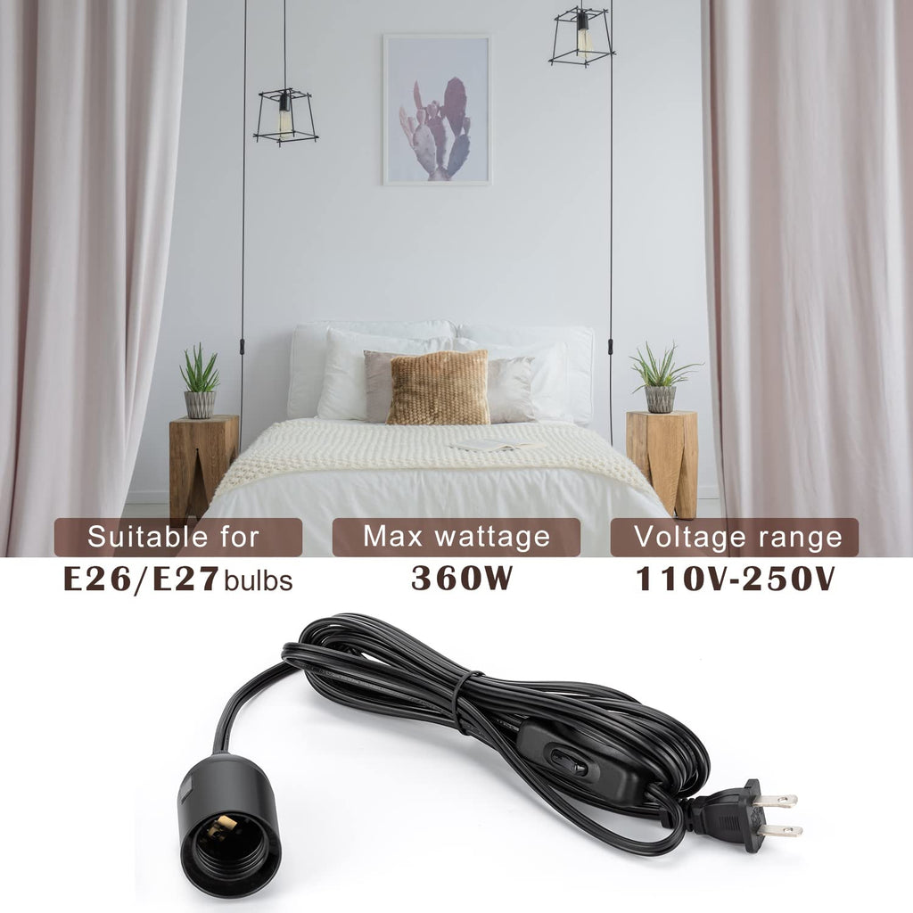 JACKYLED UL-Listed 20Ft Extension Hanging Lantern Cord Cable 2-Pack JACKYLED 360W with E26 E27 Socket On/Off Button Pendant Lighting(Black)