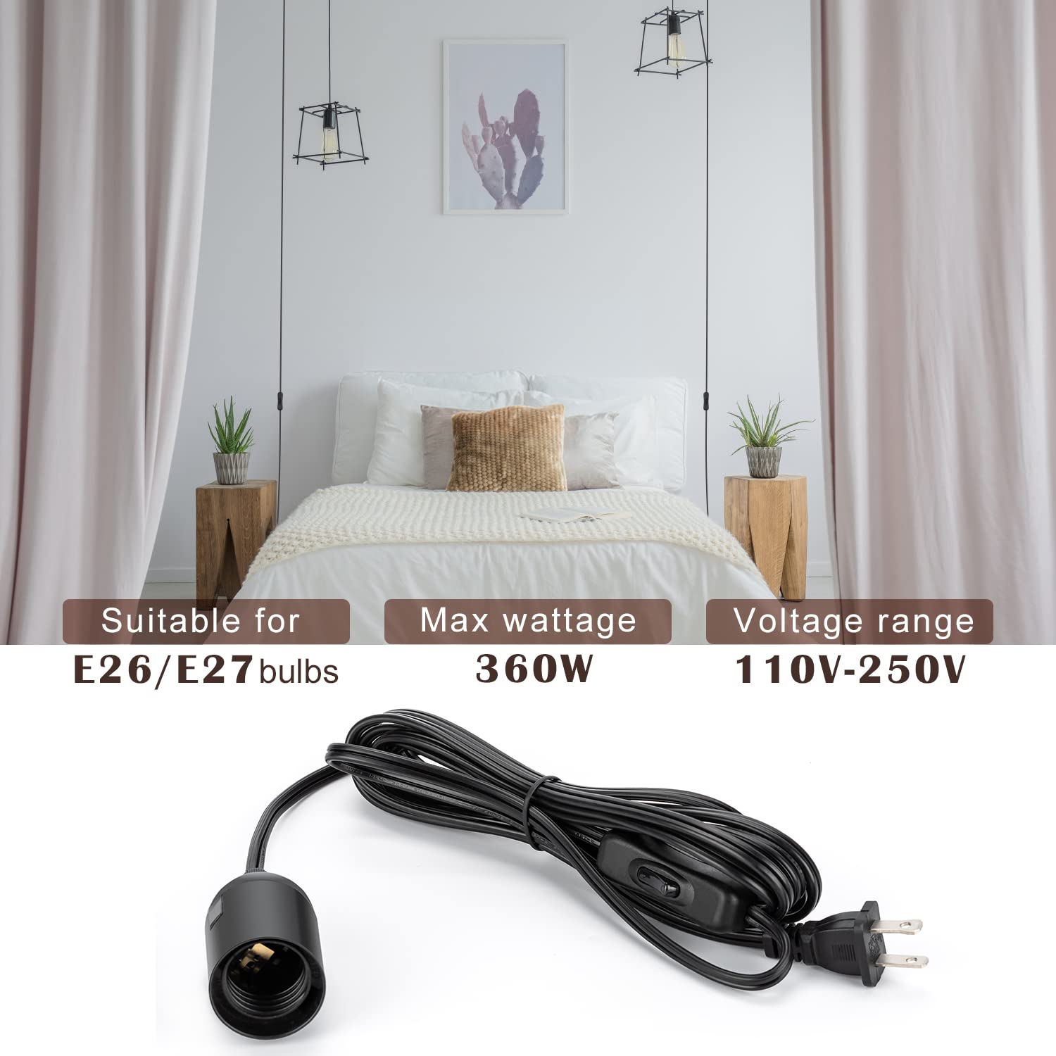 JACKYLED UL-Listed 20Ft Extension Hanging Lantern Cord Cable 2-Pack JACKYLED 360W with E26 E27 Socket On/Off Button Pendant Lighting(Black)
