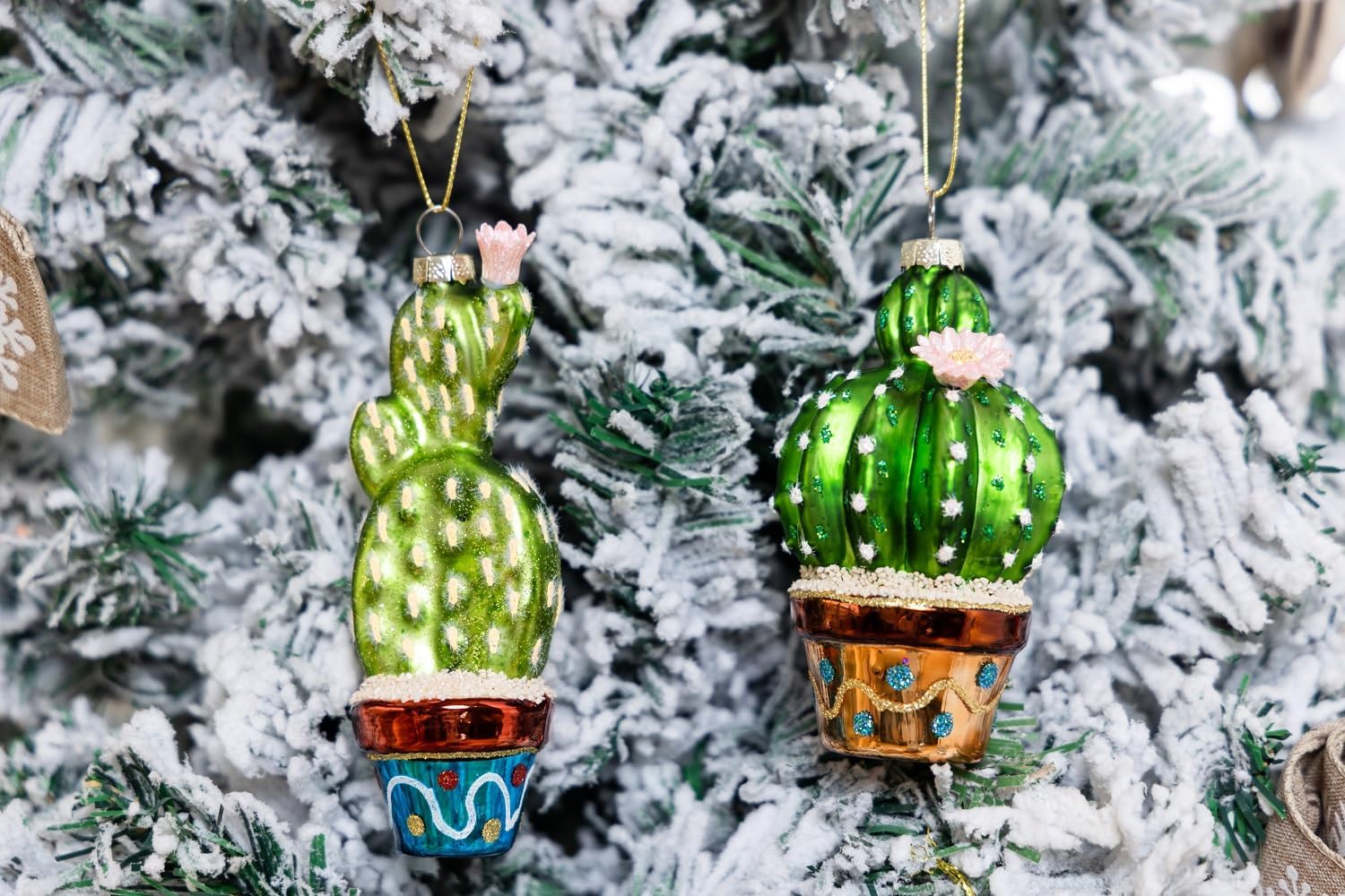 Set of 2 Hand Blown Glass Cactus Ornaments for Christmas Tree, Hanging Glass Cactus Ornament