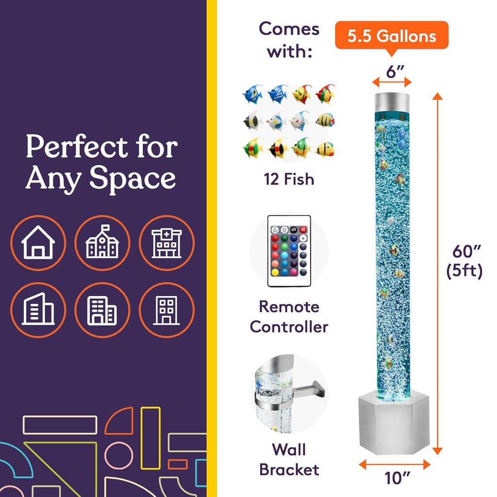 Special Supplies Aquarium Sensory Fish Bubble Light Tube with 16 LED Color Changing Nightlight Effect, Remote Control-Includes 12 Fish, Floor Standing Lamp for Kids and Adults (5 ft) (Hexagon)