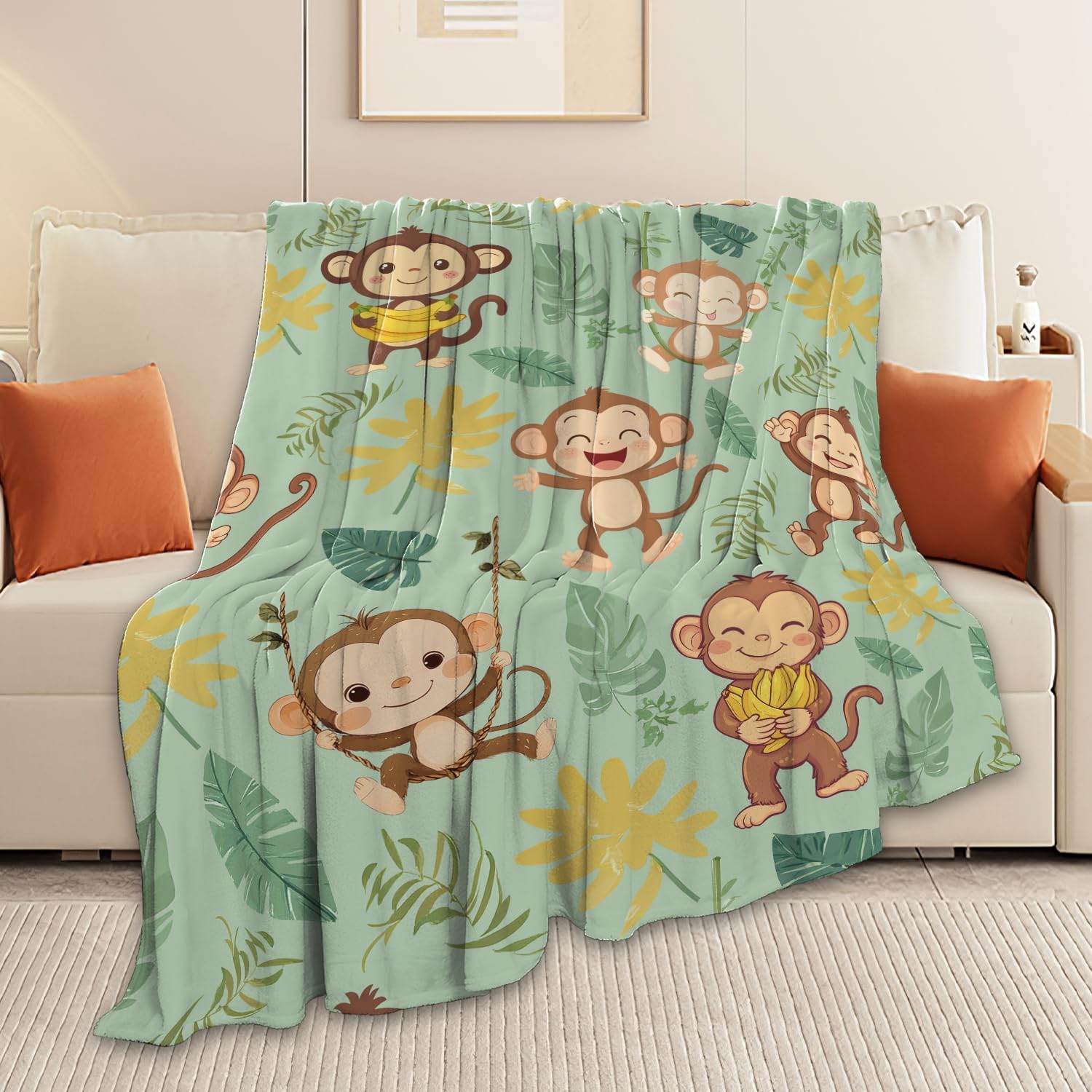 Monkey Blanket Cute Cartoon Monkey Throw Blanket Gifts for Monkey Lovers Girls Boys Kids Women Men Adults Super Soft Cozy Plush Fluffy Fuzzy Fleece Blanket Home Decor 40''X50''