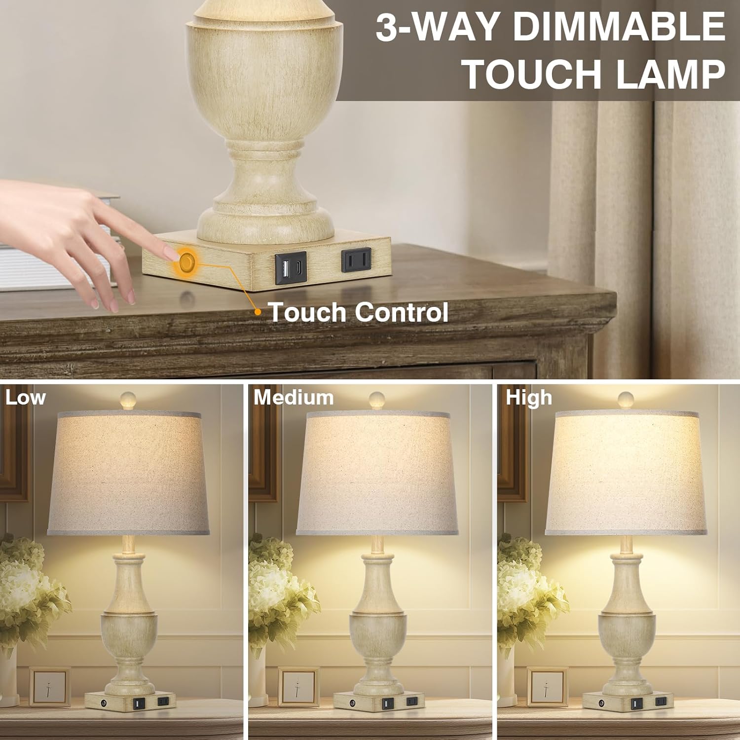 Farmhouse Lamps Set of 2, Vintage Rustic 3-Way Dimmable Touch Control Table Lamp with USB A+C Charging Ports & AC Outlet, Retro Resin Bedside Lamp Linen Shade for Bedroom Office Antique White