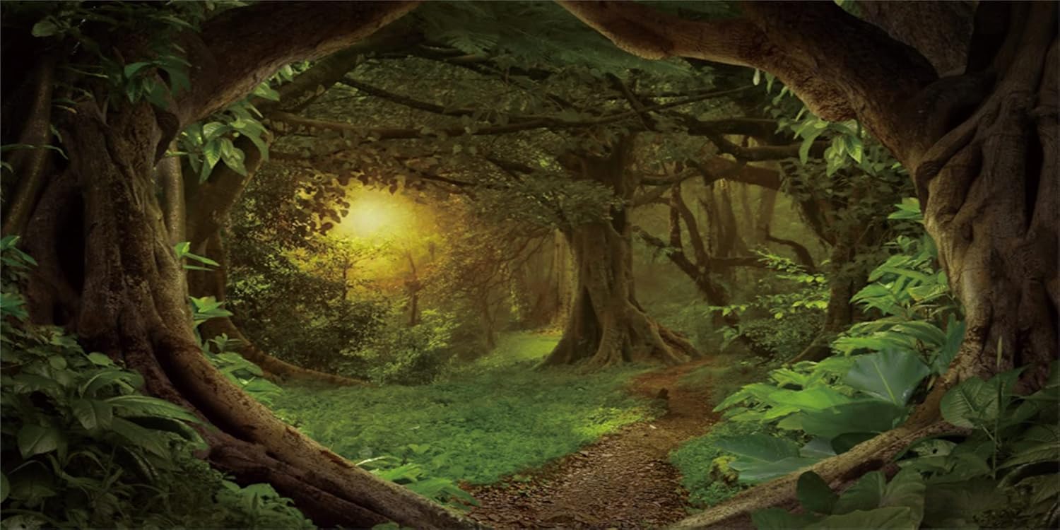 AWERT 24x12 inches Psychedelic Forest Terrarium Background Dim Old Trees Woodland Reptile Habitat Background Green Rainforest Aquarium Background Vinyl Background
