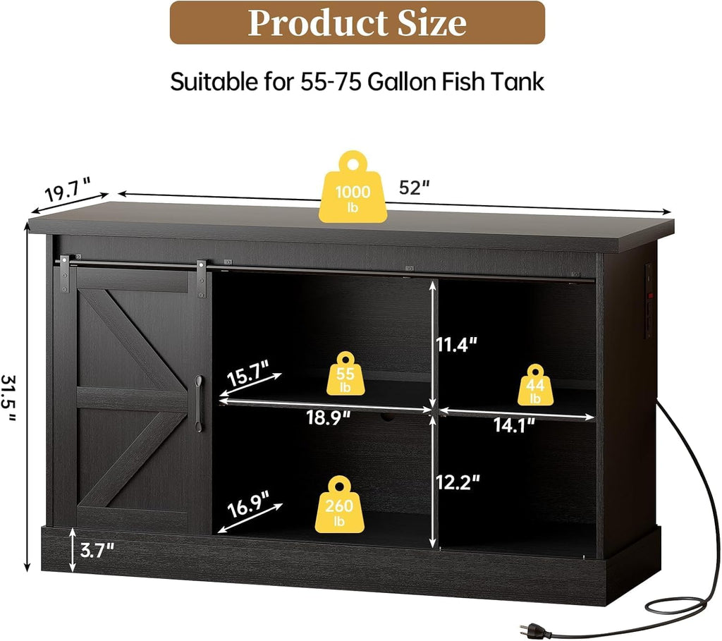55-75 Gallon Fish Tank Stand with Sliding Barn Doors & Power Outlet, Heavy Duty Aquarium Stand with Cabinet Storage for Fish Tank, Turtle Tank, Reptile Terrarium, 1000LBS Capacity