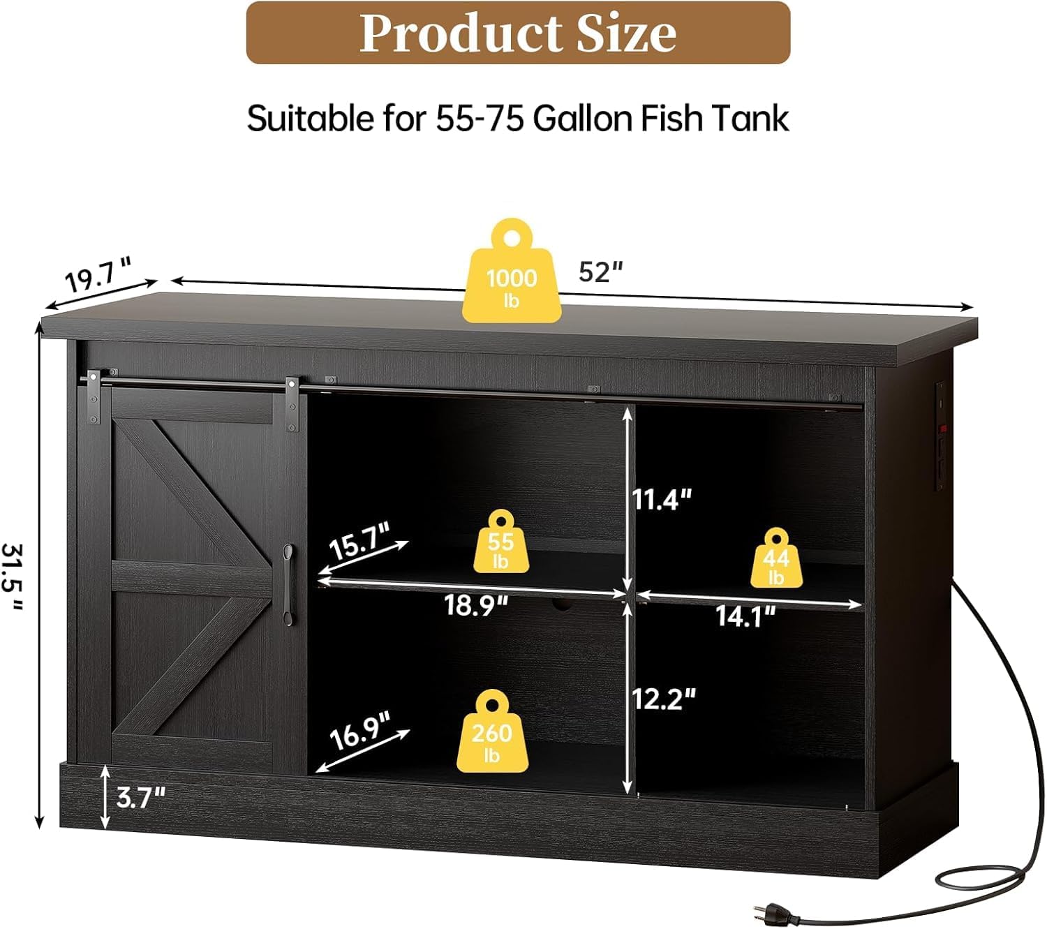 55-75 Gallon Fish Tank Stand with Sliding Barn Doors & Power Outlet, Heavy Duty Aquarium Stand with Cabinet Storage for Fish Tank, Turtle Tank, Reptile Terrarium, 1000LBS Capacity
