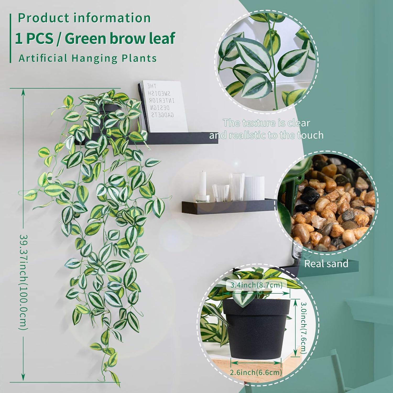 LOYWREE Fake Hanging Plants - Small Potted Plants with Green Eyebrow-Leaf Trailing Vines, Indoor Outdoor Aesthetic Decor for Office, Living Room Shelf & Home Accent (Black Pot)