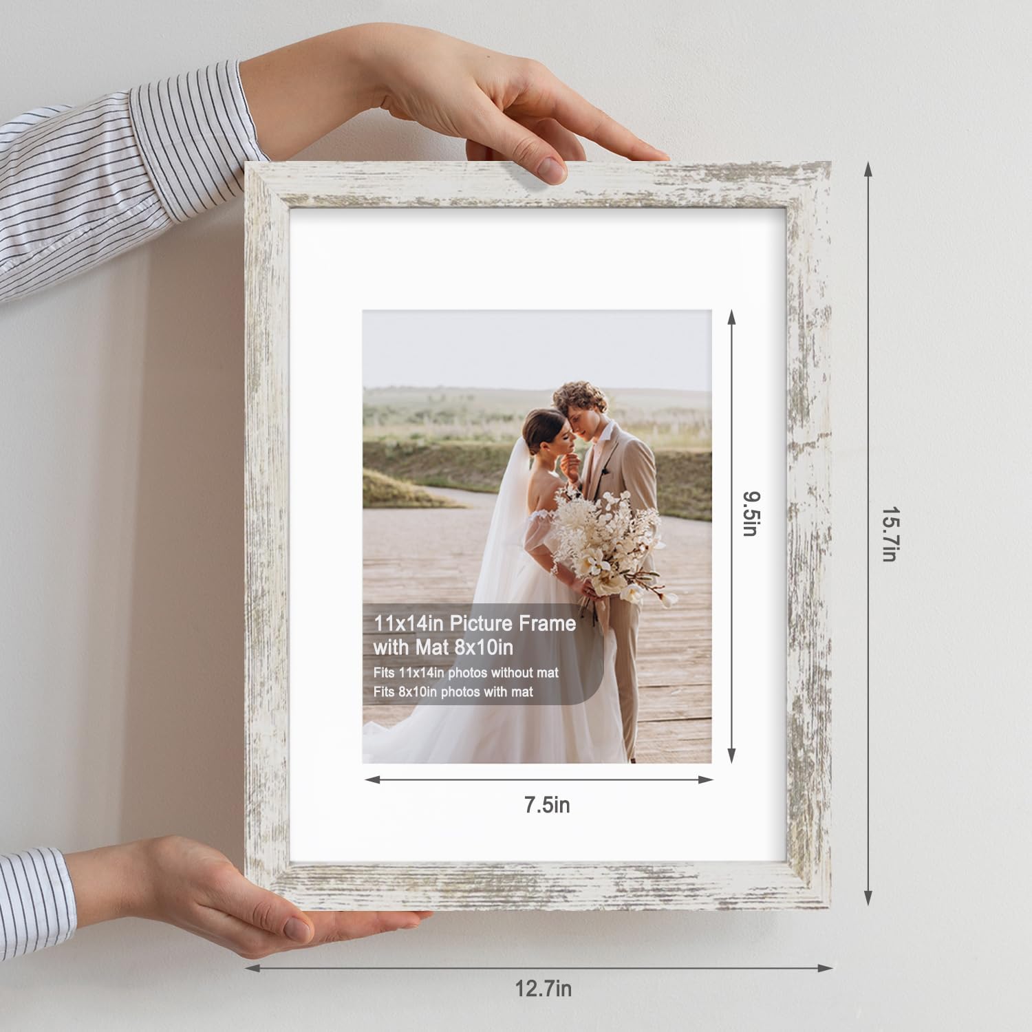 11x14 Picture Frame Set of 4, Made of Glass and Distressed White Wooden Frame, Display 8x10 Pictures with Mat or 11 x 14 Posters without Mat for Wall Mounting, Gallery Photo Frames