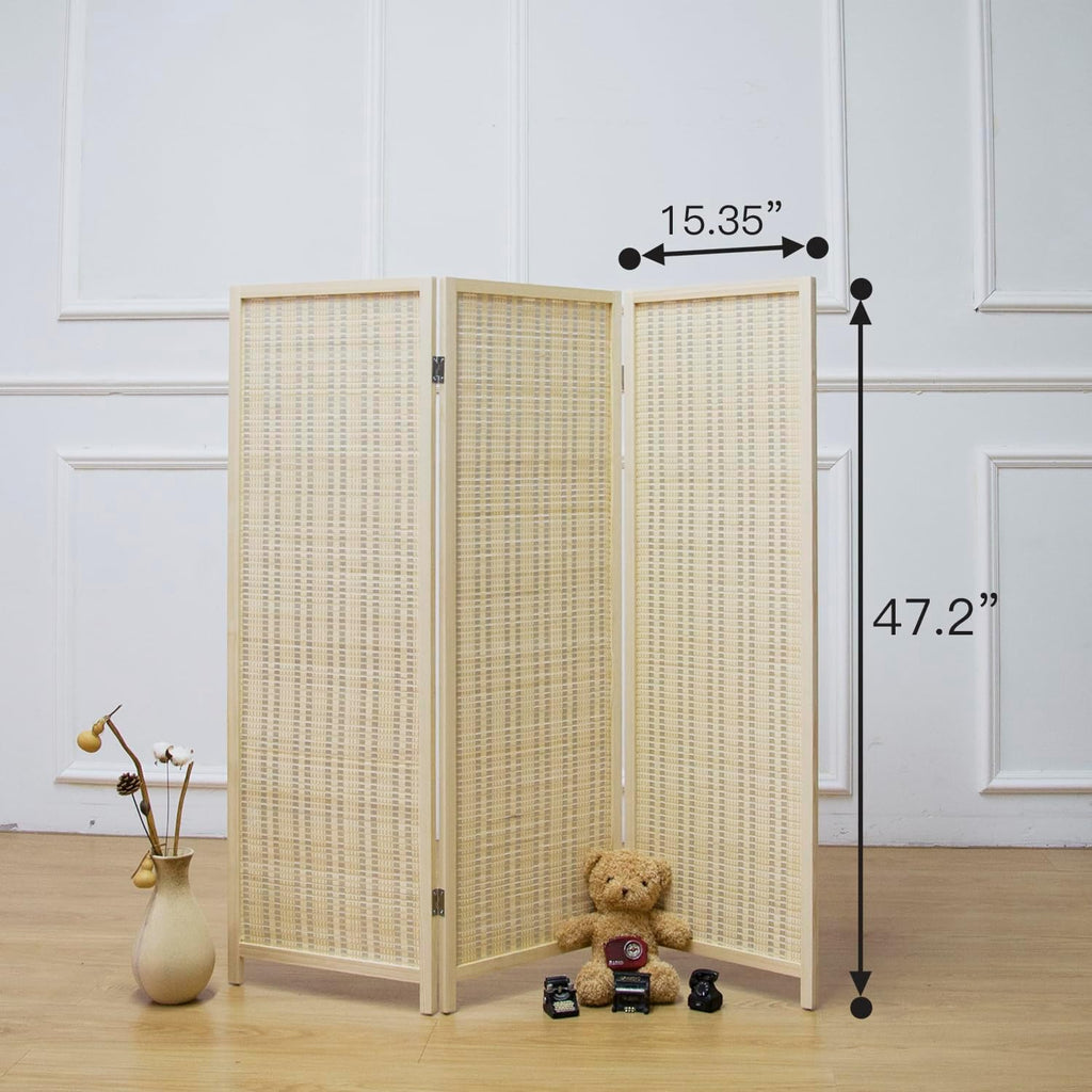 3 Panel Room Divider Short Folding Screen Divider,Double Sided Bamboo Divider Screen for Room Separation,Beige,47.2" H x 46.1" W