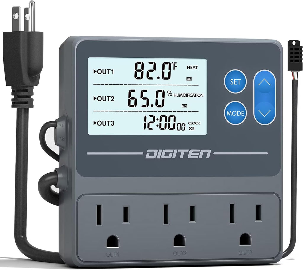 DIGITEN Reptile Temperature and Humidity Controller with Timer Outlet, Day-Night Function Thermostat, 3-Stage Outlet Plug in Temperature Controller for Reptile, Mushroom, Homebrew