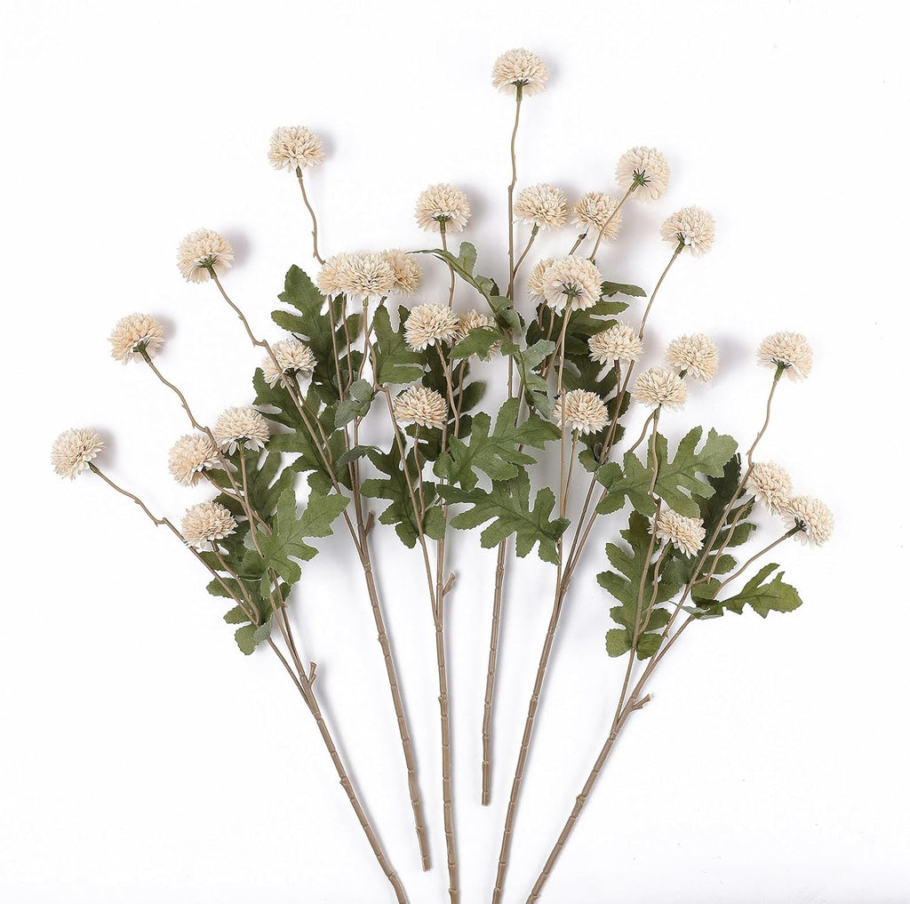 mizii 6Pcs Beige Fake Silk Pompon Mum Artificial Flowers Bulk Small Faux Chrysanthemums with Stems Realistic Floral Decorations for Wedding DIY Bouquet Centerpieces Shower Vase Home Decor (Beige)